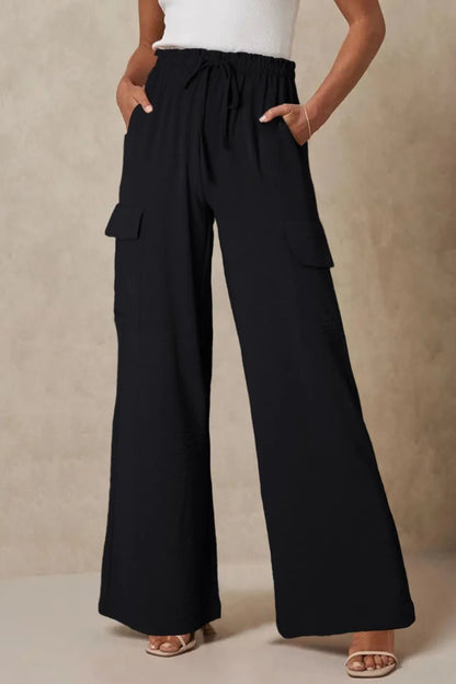 Drawstring Frilled Waist Wide Leg Utility Trousers - adritiX