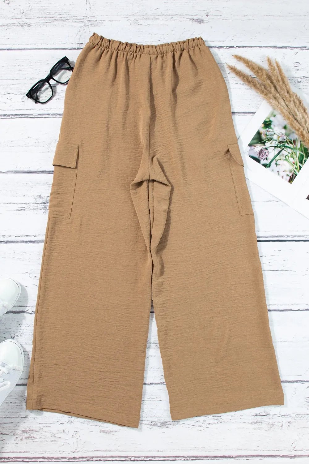 Drawstring Frilled Waist Wide Leg Utility Trousers - adritiX