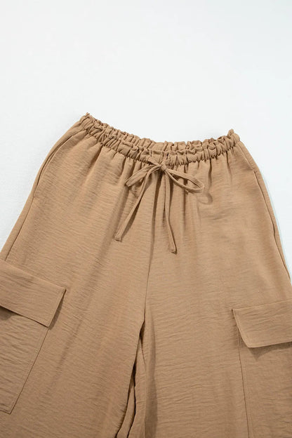 Drawstring Frilled Waist Wide Leg Utility Trousers - adritiX