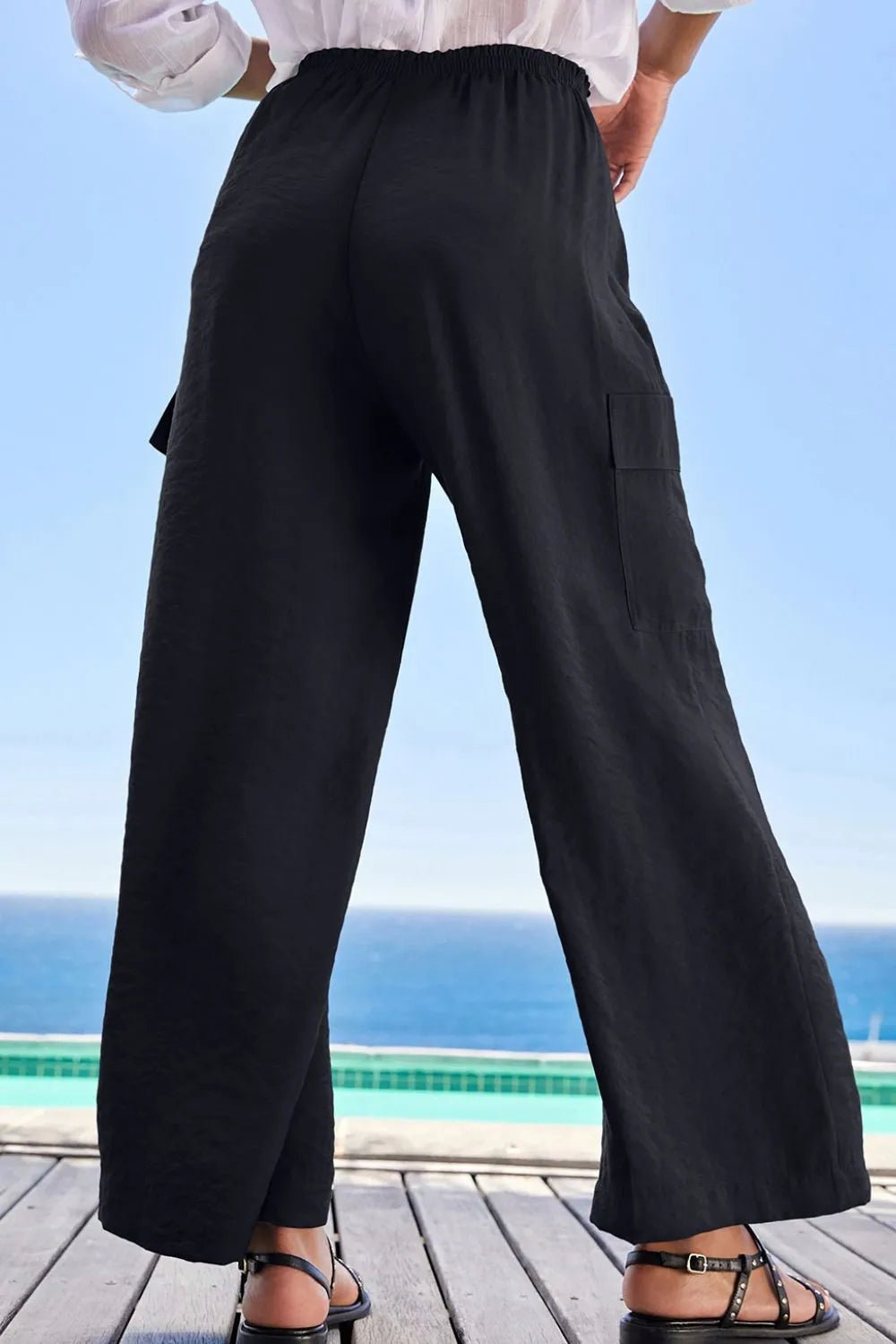 Drawstring Frilled Waist Wide Leg Utility Trousers - adritiX