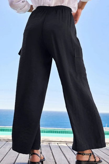 Drawstring Frilled Waist Wide Leg Utility Trousers - adritiX