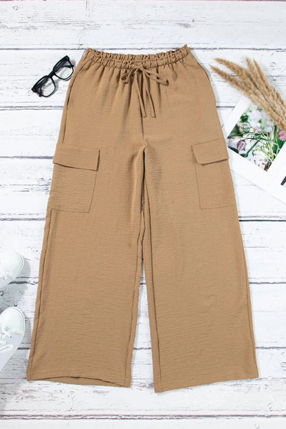Drawstring Frilled Waist Wide Leg Utility Trousers - adritiX