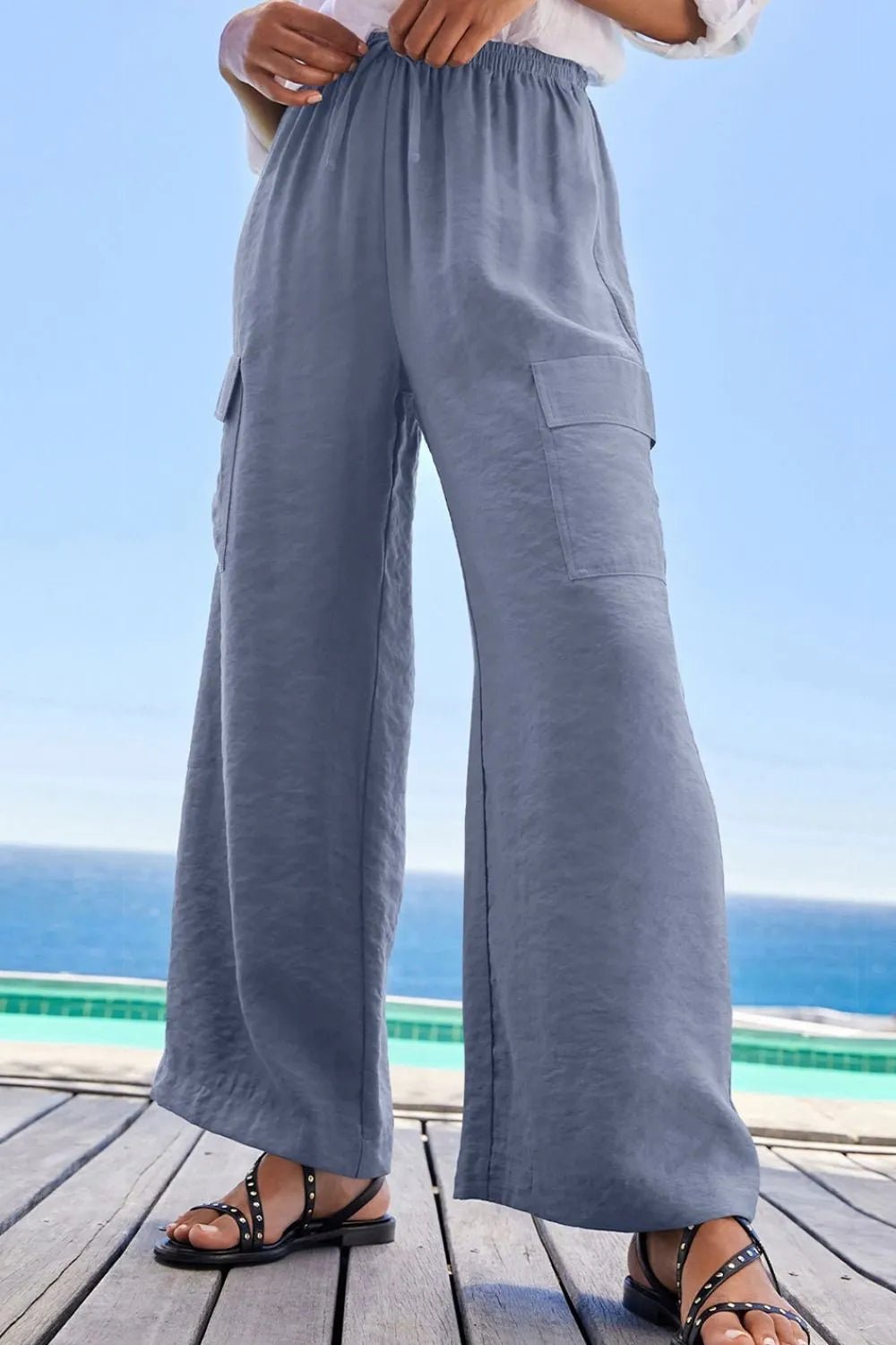 Drawstring Frilled Waist Wide Leg Utility Trousers - adritiX