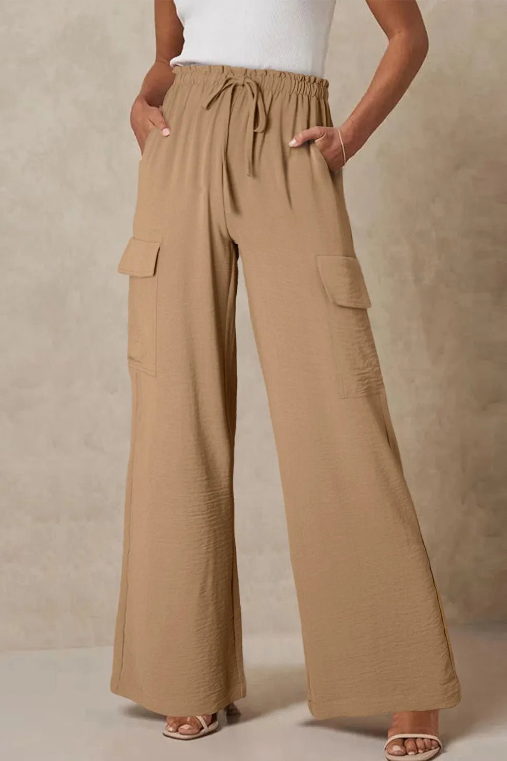 Drawstring Frilled Waist Wide Leg Utility Trousers - adritiX