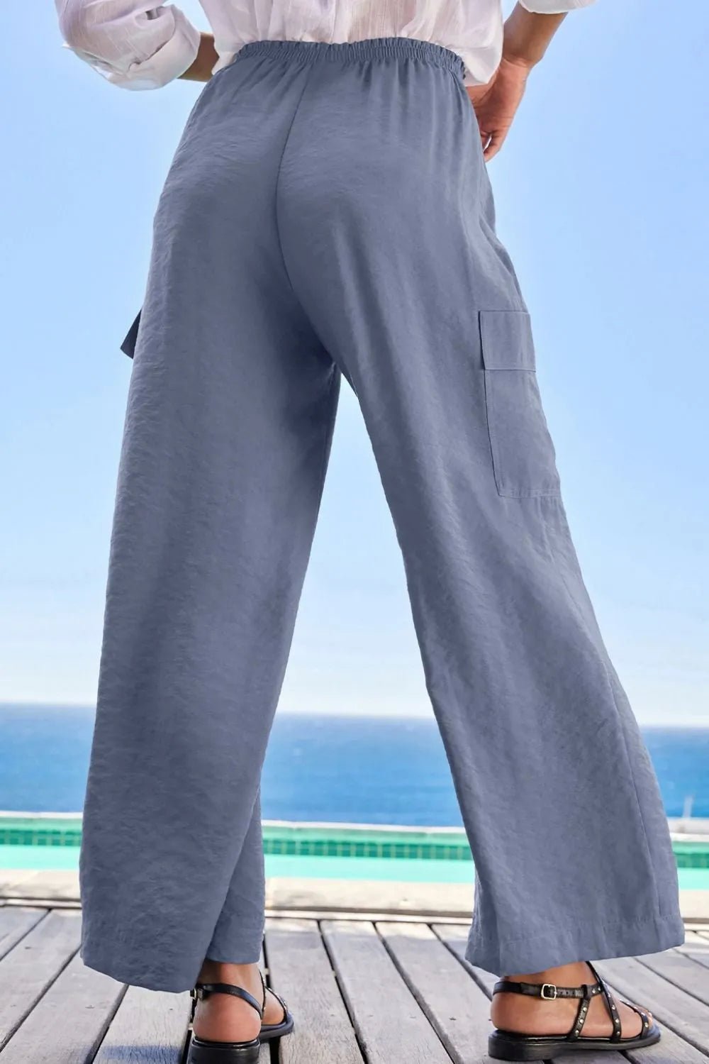Drawstring Frilled Waist Wide Leg Utility Trousers - adritiX