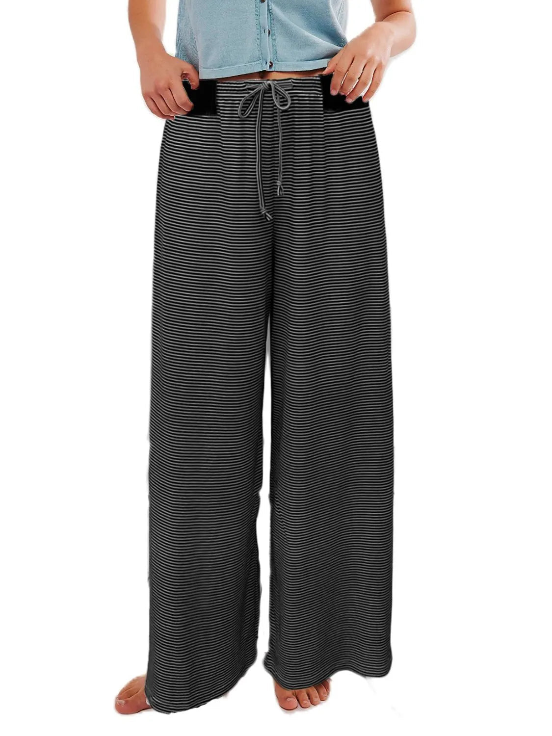 Drawstring Striped Wide Leg Pants - adritiX