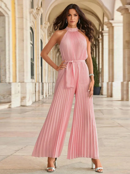 Elegant Cutout Tied Pleated Sleeveless Jumpsuit - adritiX