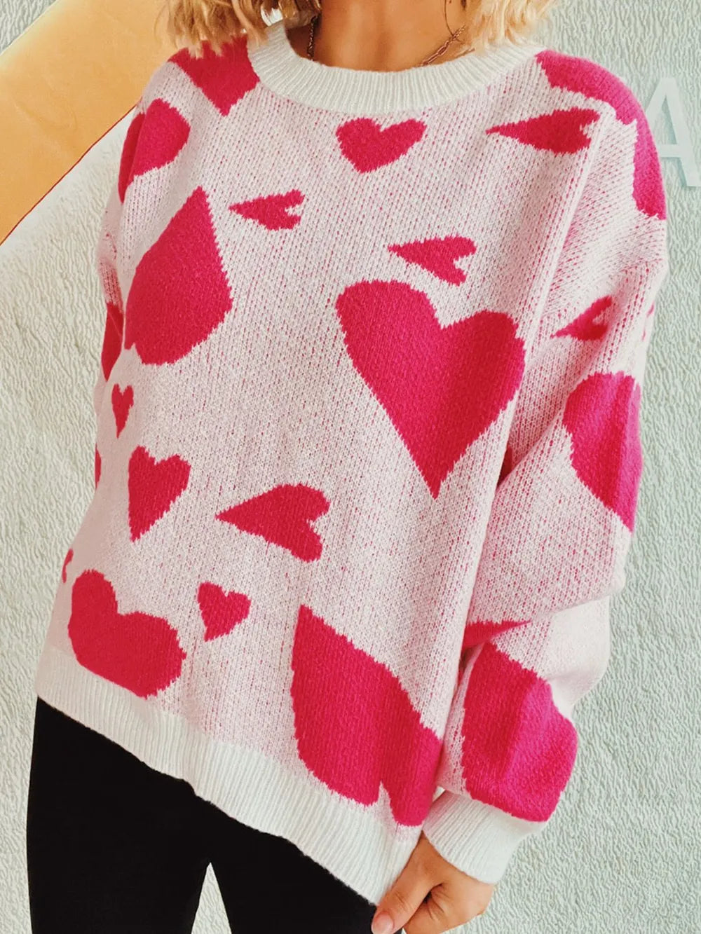 Heart Round Neck Long Sleeve Sweater - adritiX