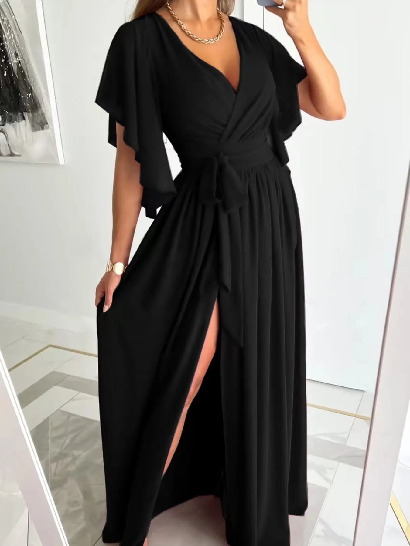 Flutter Sleeve Surplice Tie Waist Dress - adritiX