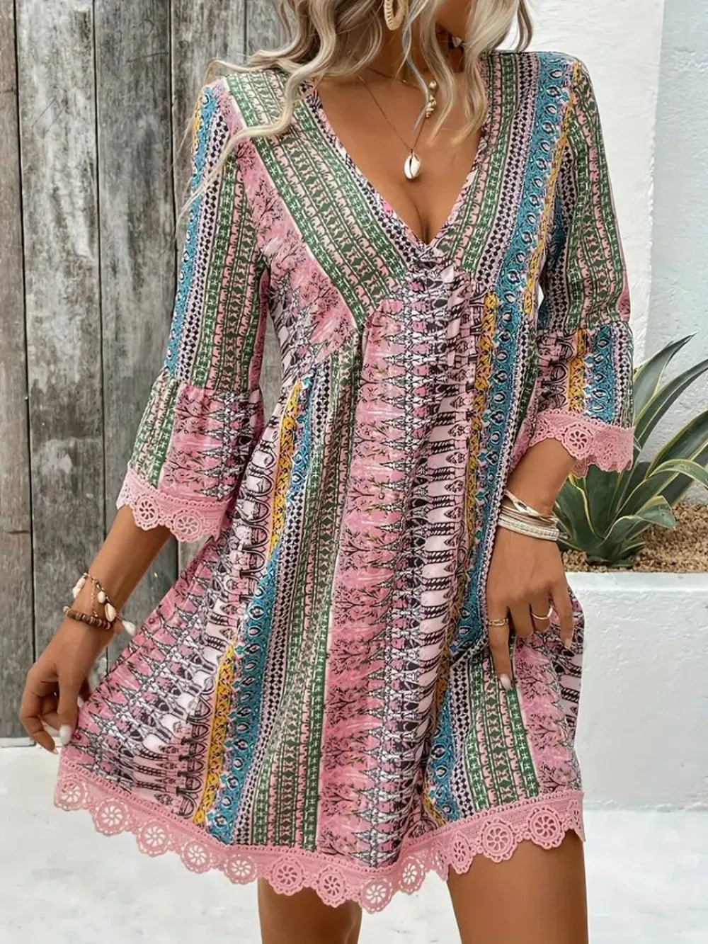 Elegant Lace Trim Printed V-Neck 3/4 Sleeve Dress - adritiX