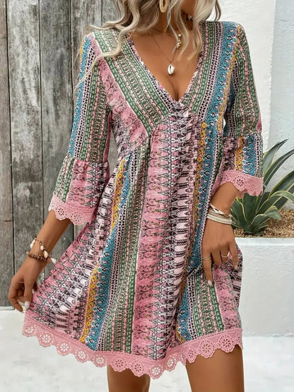 Elegant Lace Trim Printed V-Neck 3/4 Sleeve Dress - adritiX