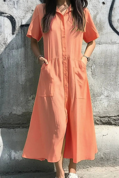 Button Front Short Sleeve Midi Dress - adritiX