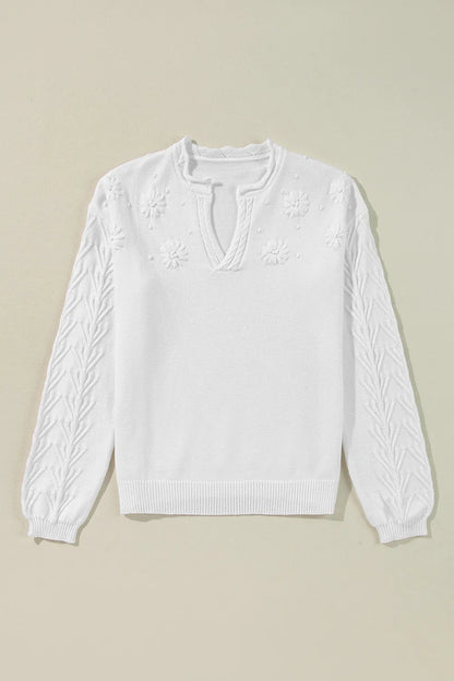 Daisy Notched Long Sleeve Sweater - adritiX