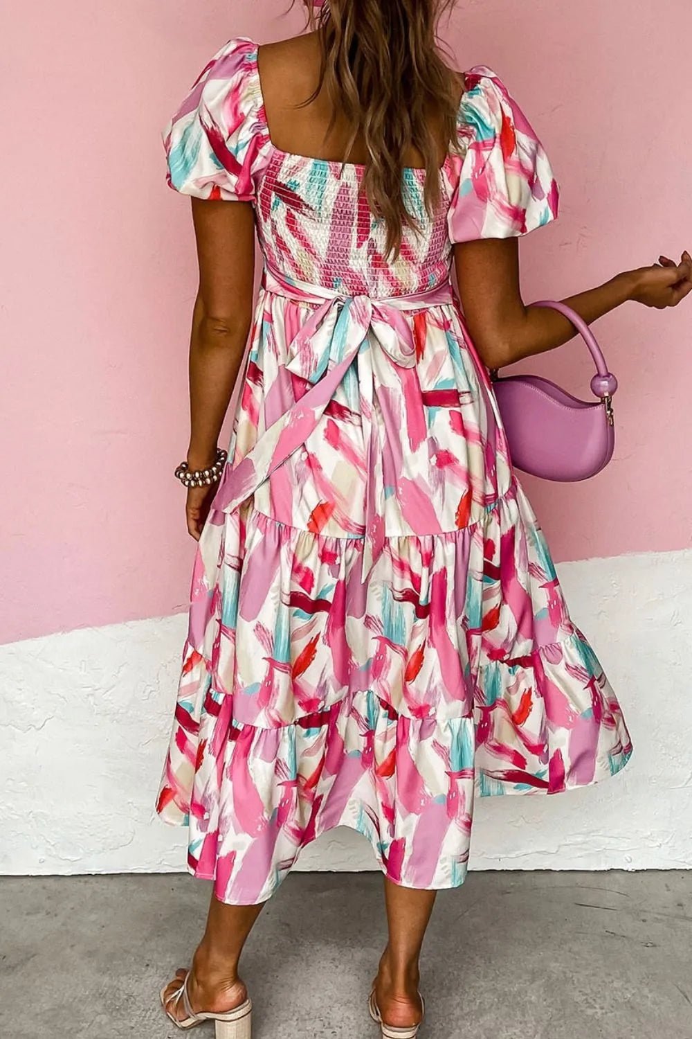Geometric Print Puff Sleeve Square Neck Midi Dress - adritiX