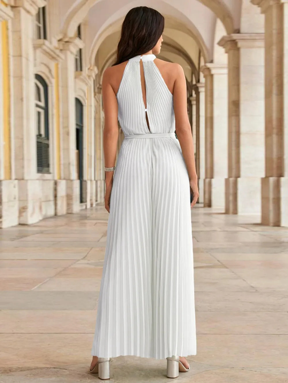Elegant Cutout Tied Pleated Sleeveless Jumpsuit - adritiX