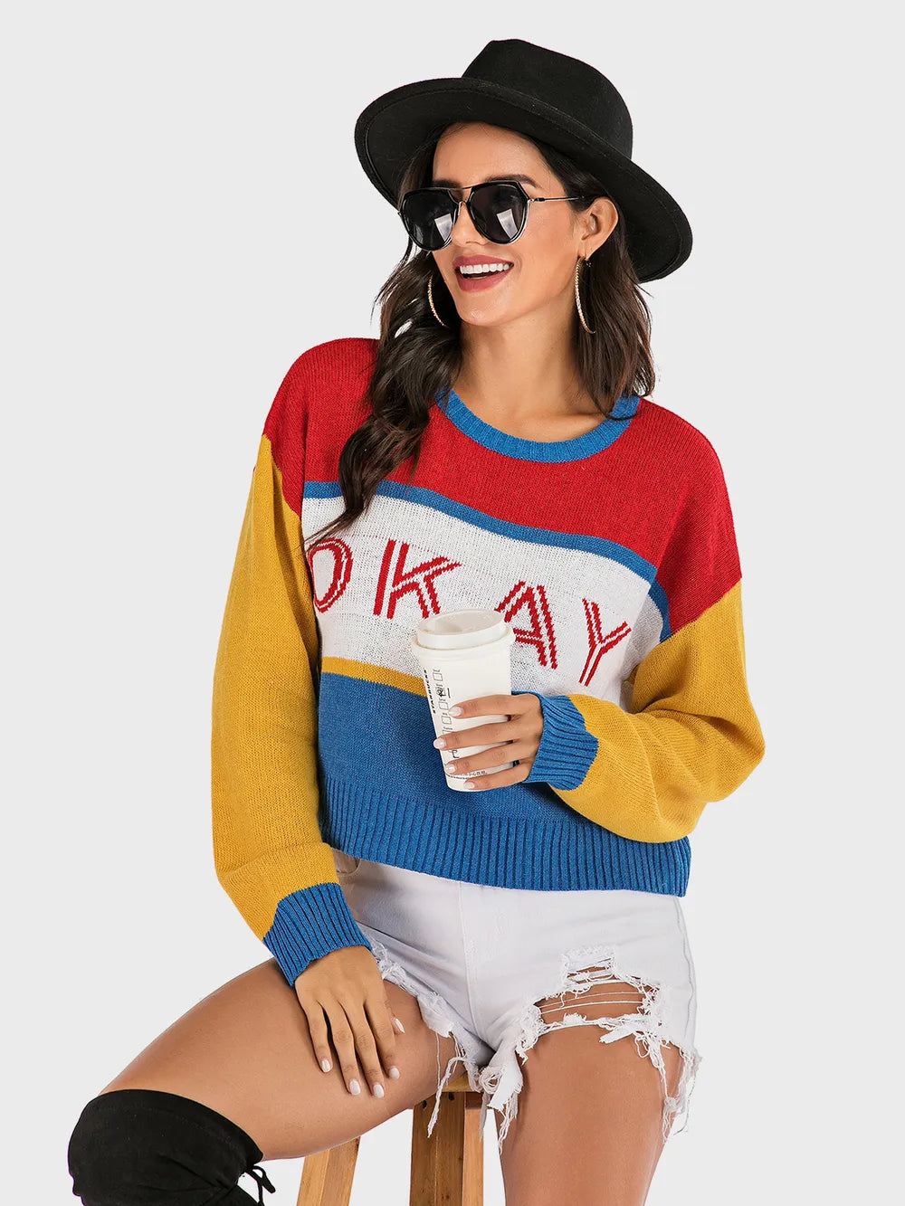 Perfee OKAY Contrast Dropped Shoulder Long Sleeve Sweater - adritiX