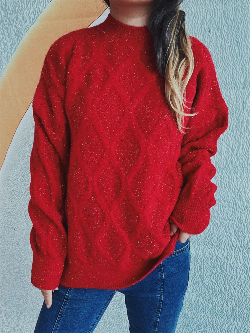 Diamond Round Neck Long Sleeve Sweater - adritiX