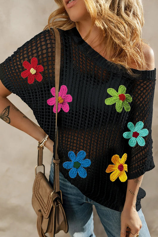 Elegant Flower Round Neck Half Sleeve Knit Cover Up - adritiX