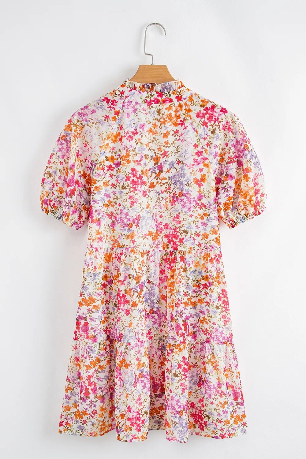 Floral Puff Sleeve Notched Tiered Mini Dress - adritiX
