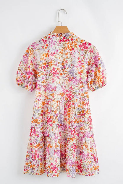 Floral Puff Sleeve Notched Tiered Mini Dress - adritiX