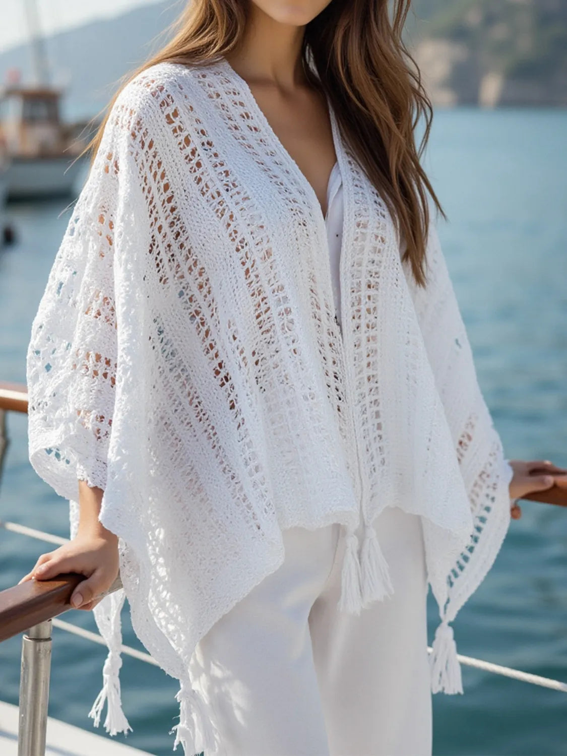 Elegant Openwork Tassel Open Front Knit Cover Up - adritiX