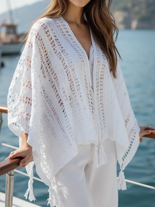 Elegant Openwork Tassel Open Front Knit Cover Up - adritiX