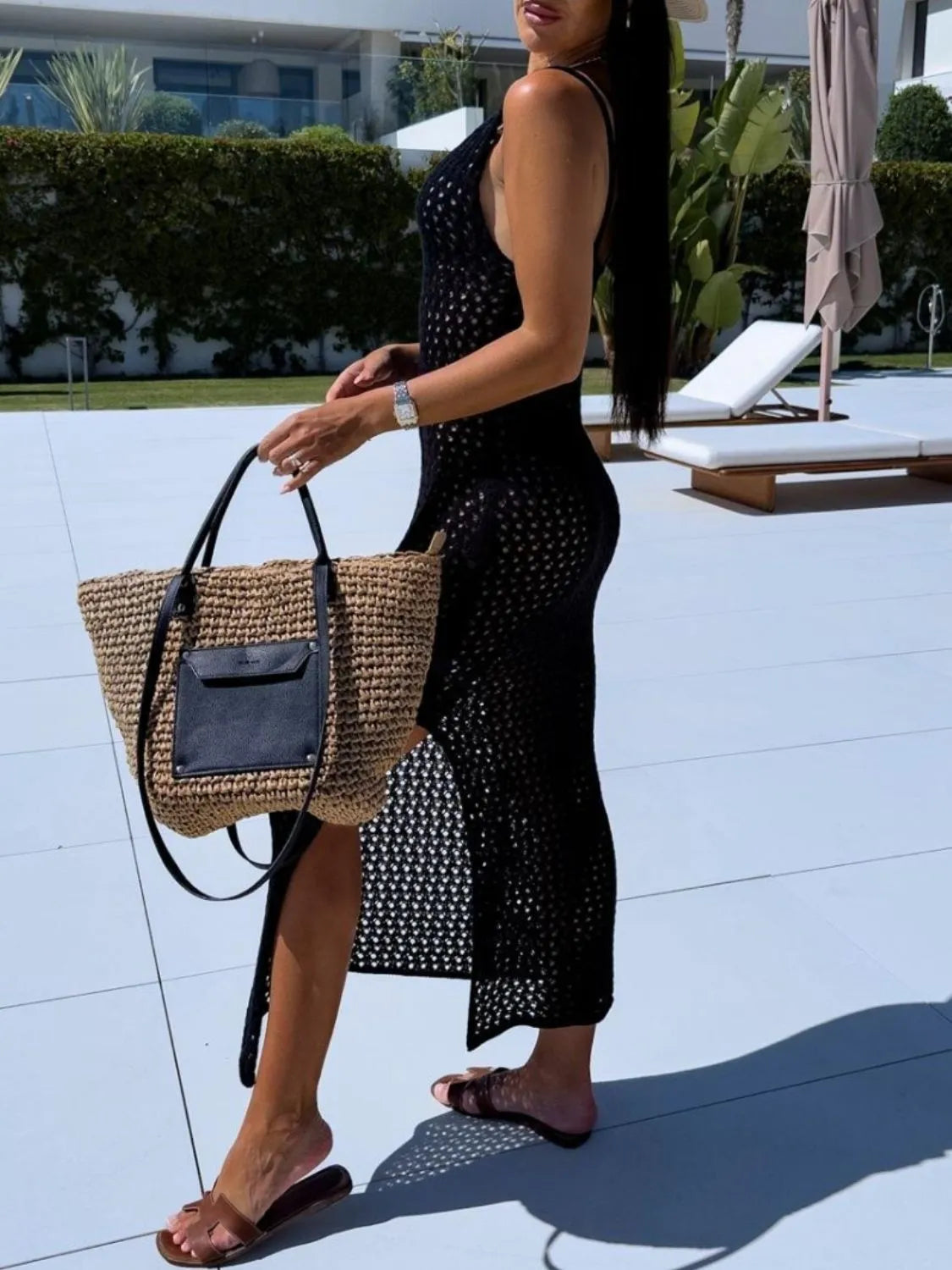 Openwork Slit Scoop Neck Sweater Dress - adritiX