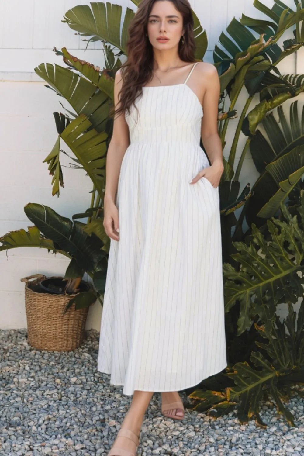 Stripe Square Neck Cami Dress with Pockets - adritiX