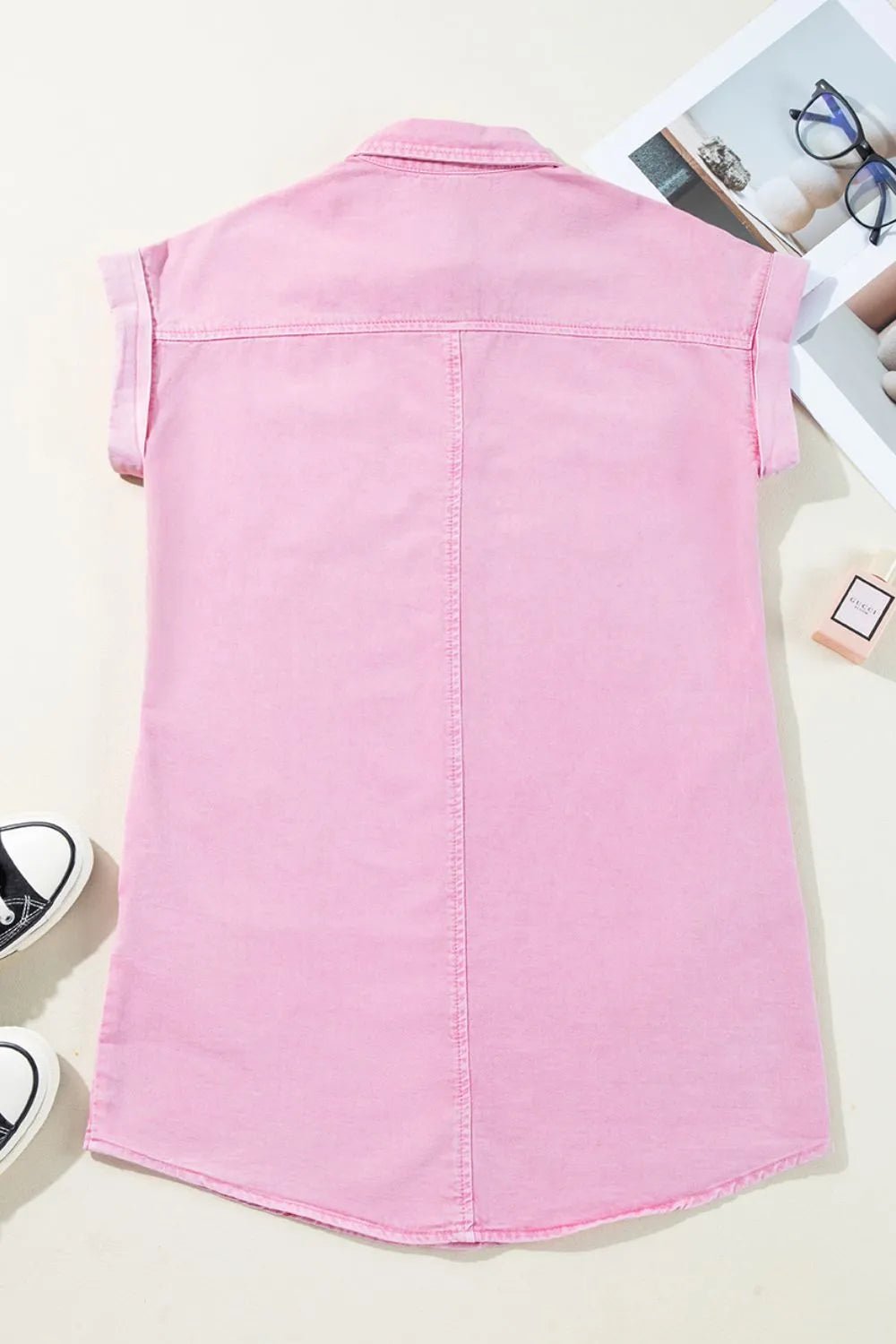 Button Down Short Sleeve Denim Dress - adritiX