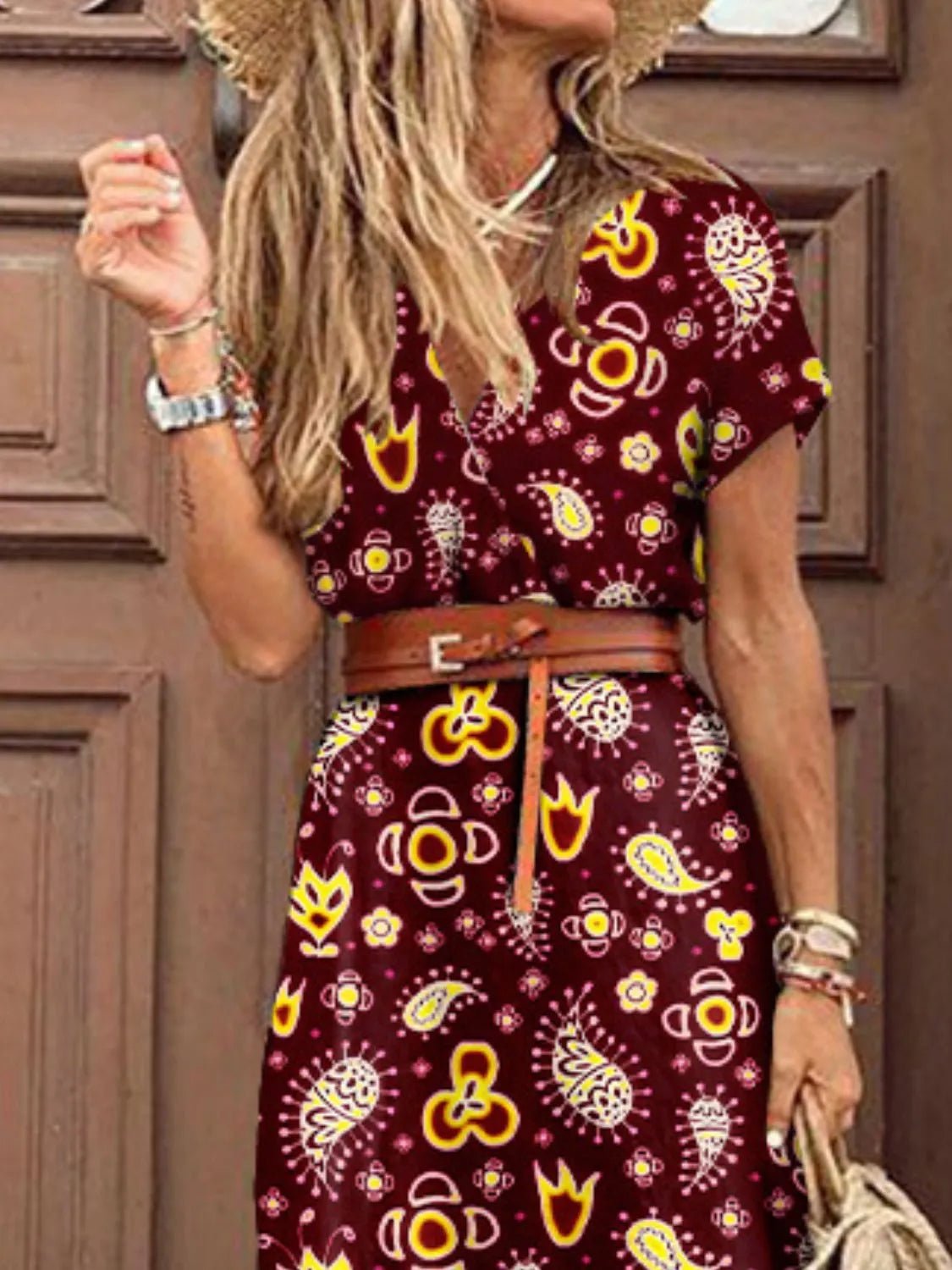 Full Size Printed V-Neck Short Sleeve Maxi Dress Plus Size - adritiX