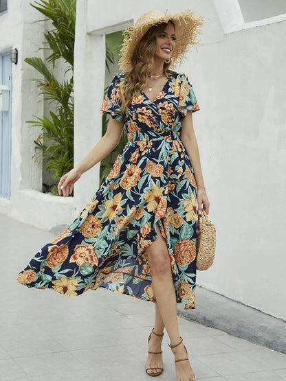Floral Print Short Sleeve Wrap Midi Dress - adritiX