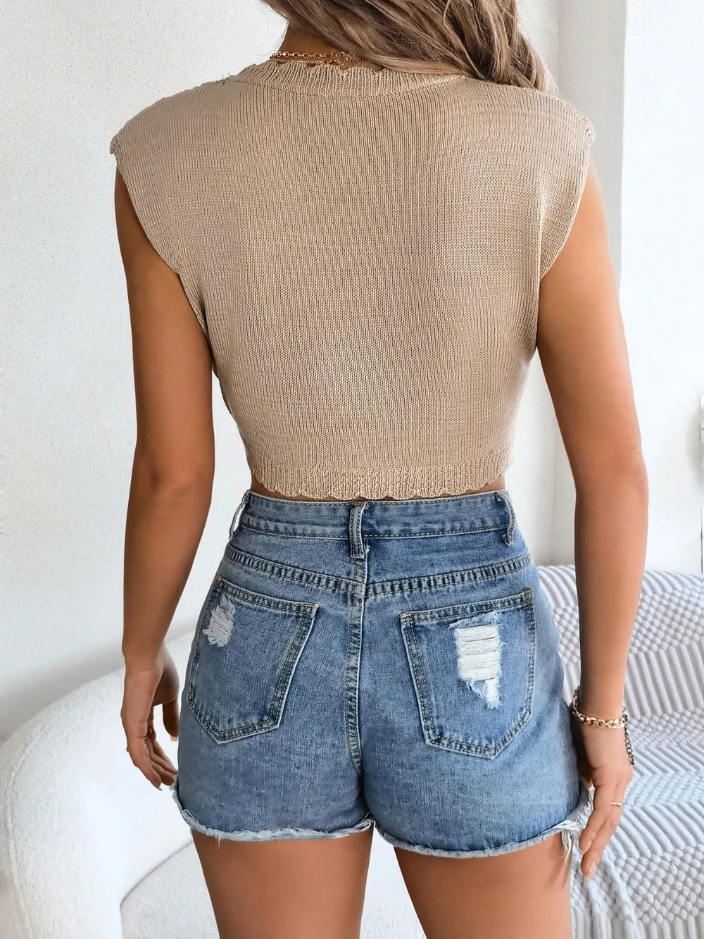 Openwork Round Neck Cap Sleeve Knit Top - adritiX