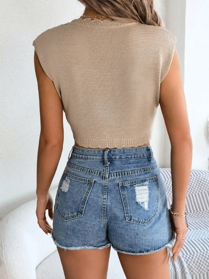 Openwork Round Neck Cap Sleeve Knit Top - adritiX
