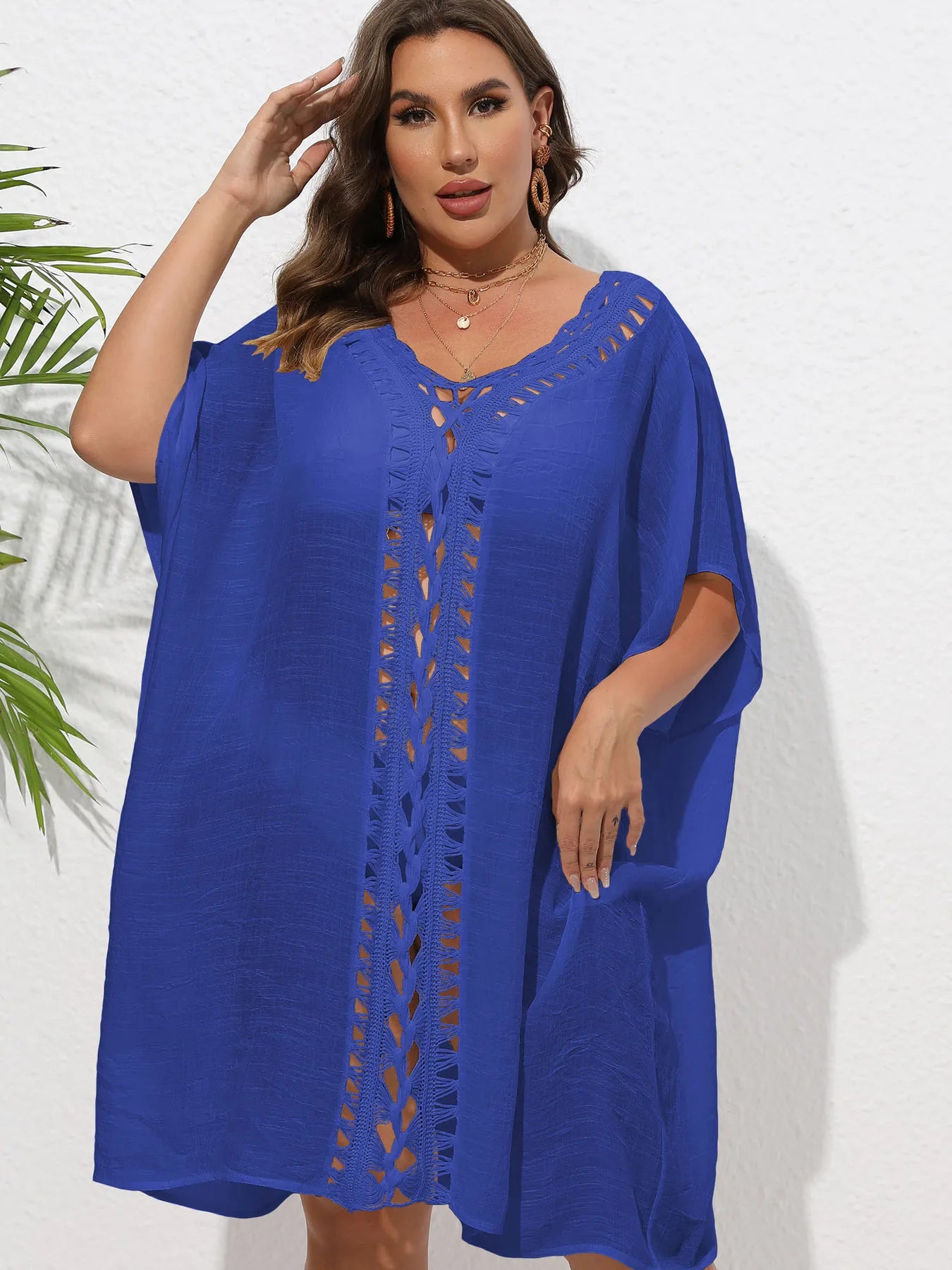 Crochet Trim V-Neck Beach Cover Up Dress - adritiX
