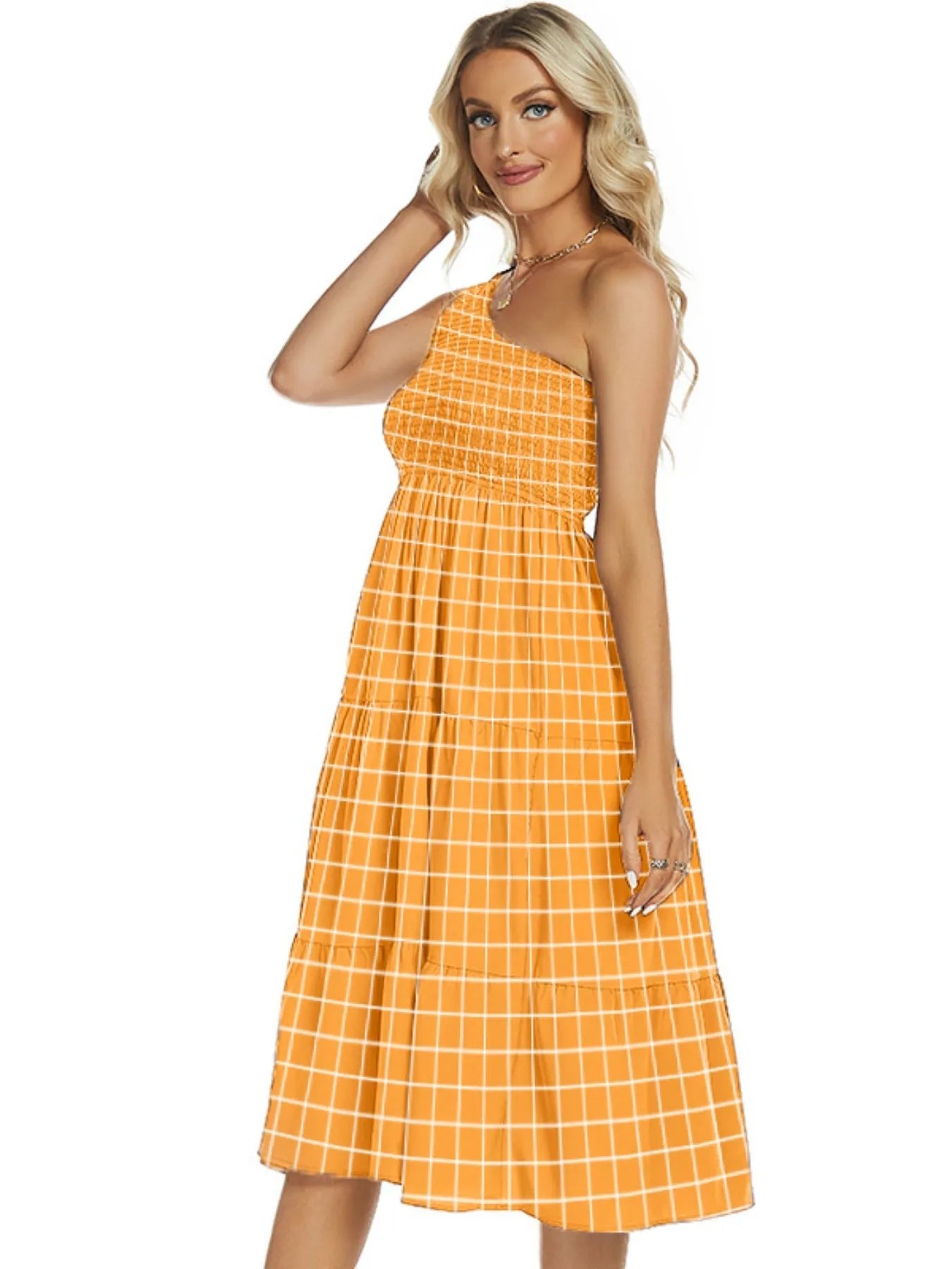 One-Shoulder Tiered Midi Dress with Smocked Bodice - adritiX