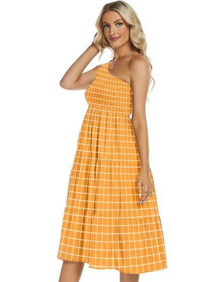One-Shoulder Tiered Midi Dress with Smocked Bodice - adritiX