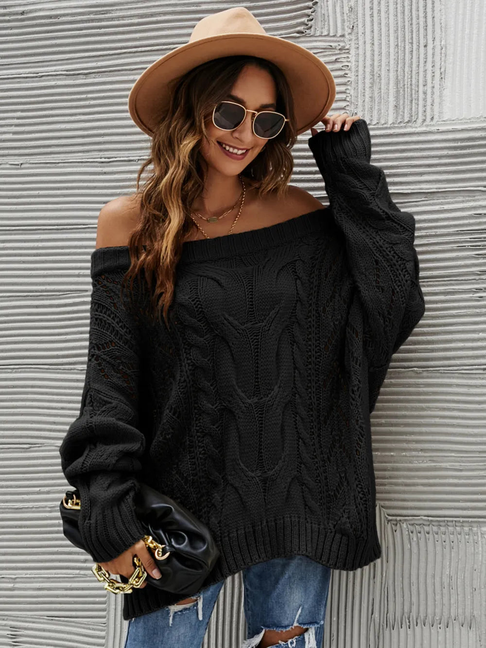 Cable Knit Openwork Off-Shoulder Sweater - adritiX