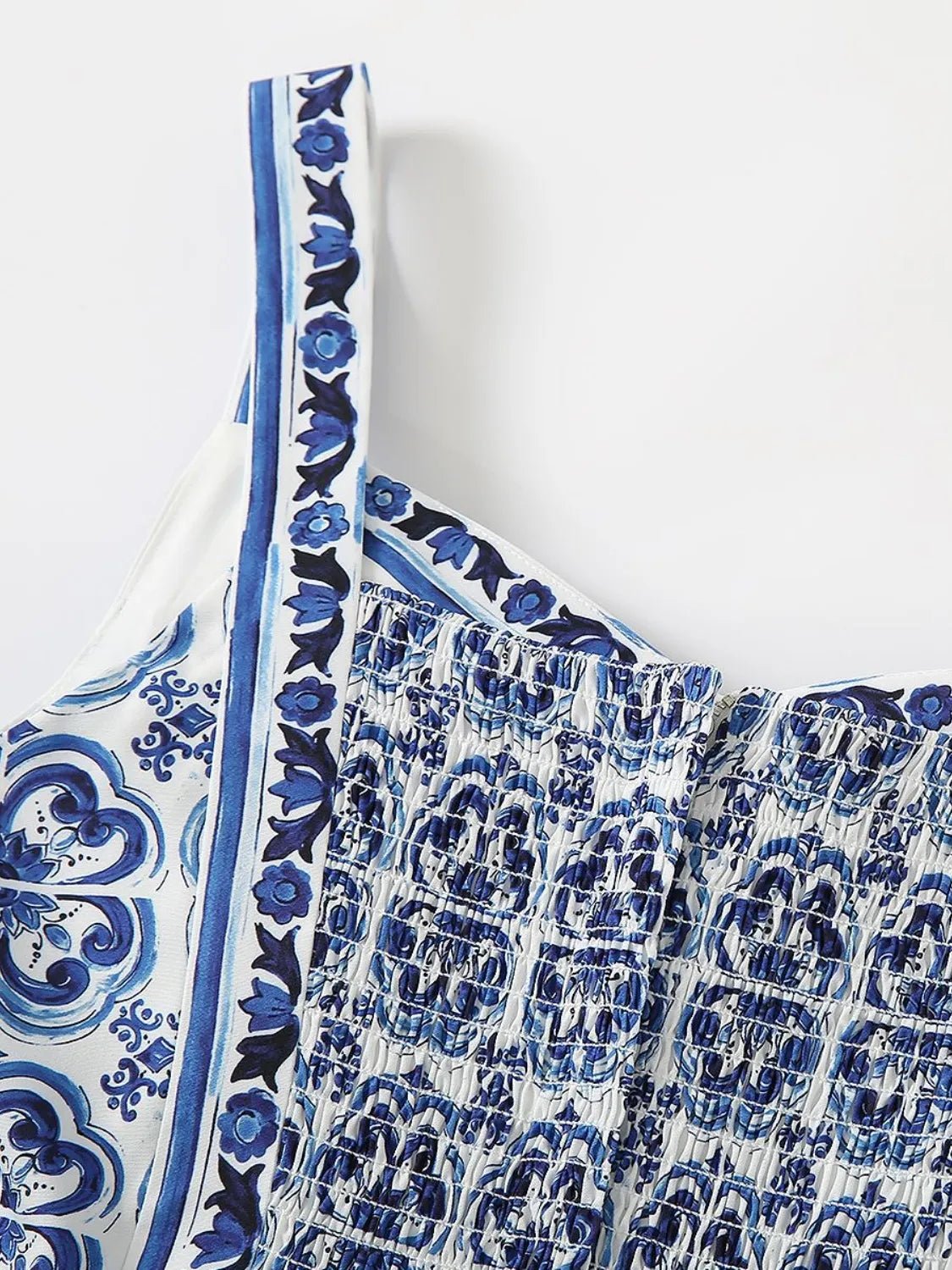 Smocked Printed Wide Strap Dress - adritiX