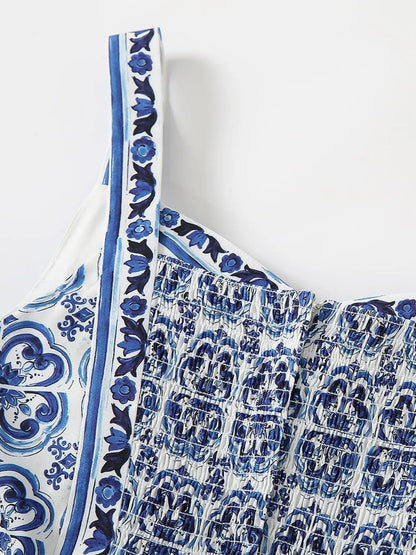 Smocked Printed Wide Strap Dress - adritiX