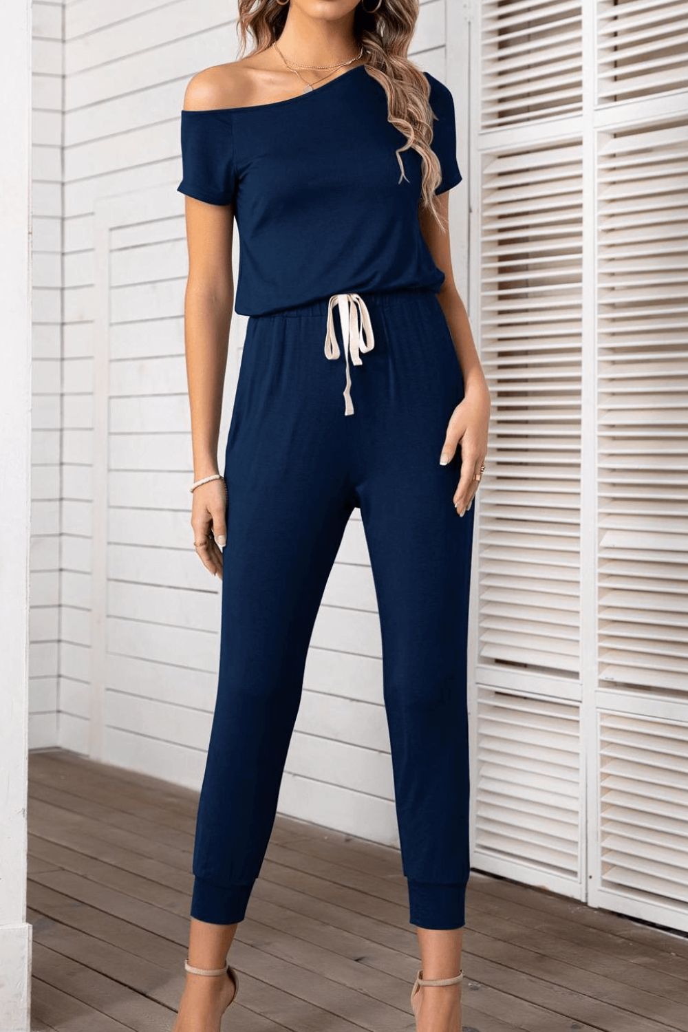 Elegant Asymmetrical Neck Short Sleeve Jumpsuit - adritiX