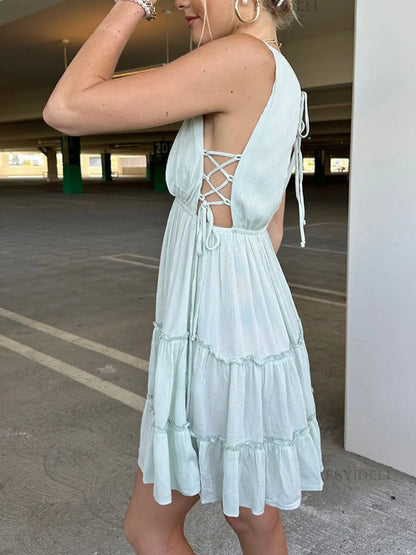 Deep V-Neck Tiered Mini Dress - adritiX