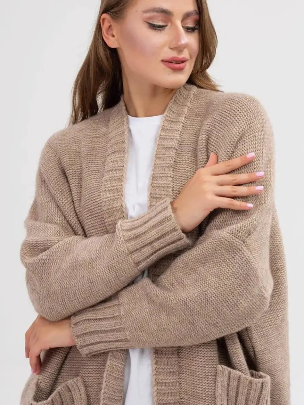 Pocketed Open Front Long Sleeve Longline Cardigan - adritiX