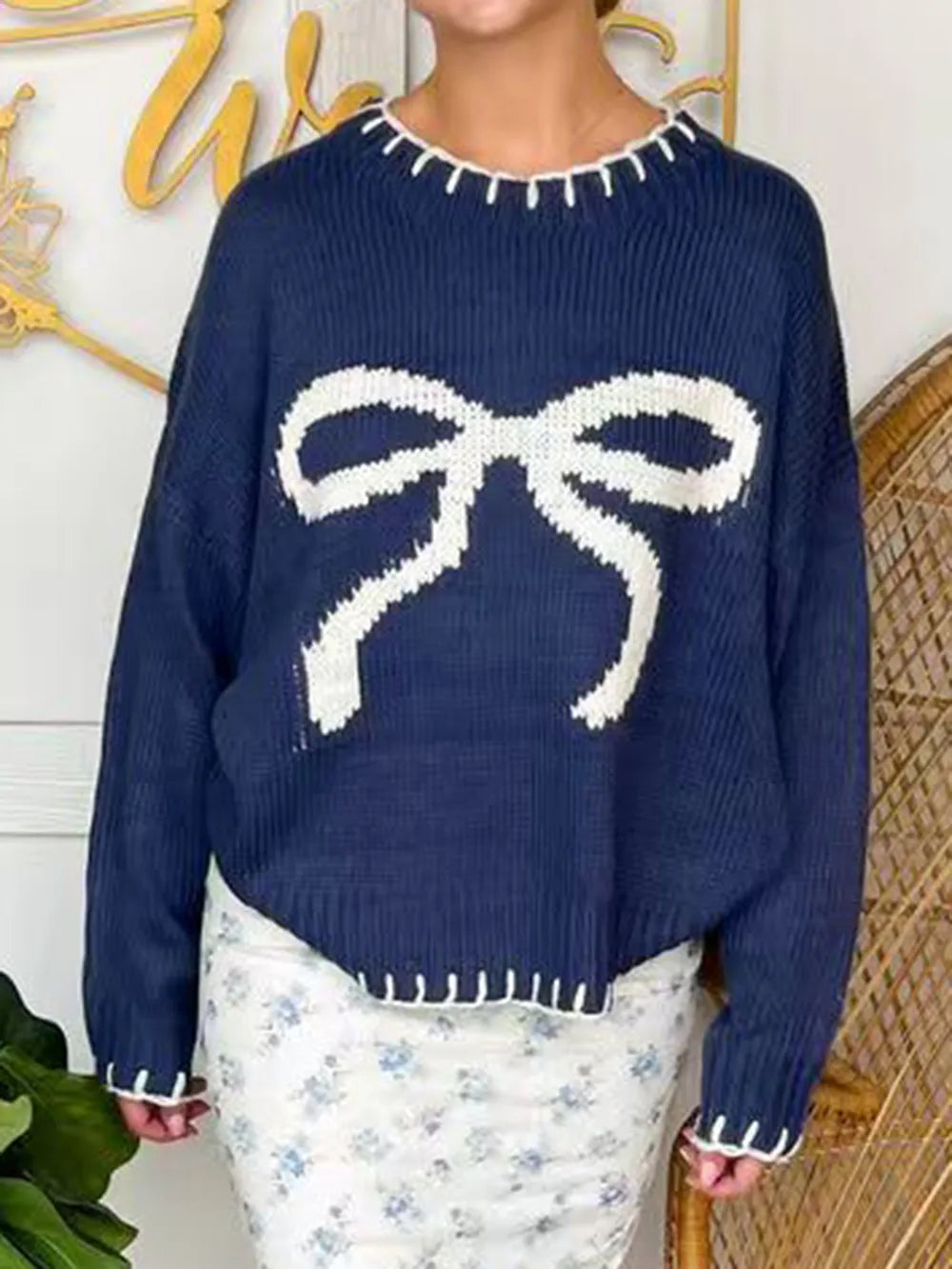 Bow Round Neck Long Sleeve Sweater - adritiX