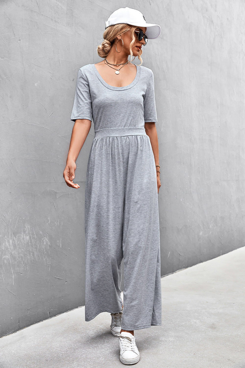 Elegant Scoop Neck Half Sleeve Wide Leg Jumpsuit - adritiX