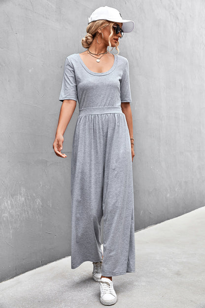 Elegant Scoop Neck Half Sleeve Wide Leg Jumpsuit - adritiX