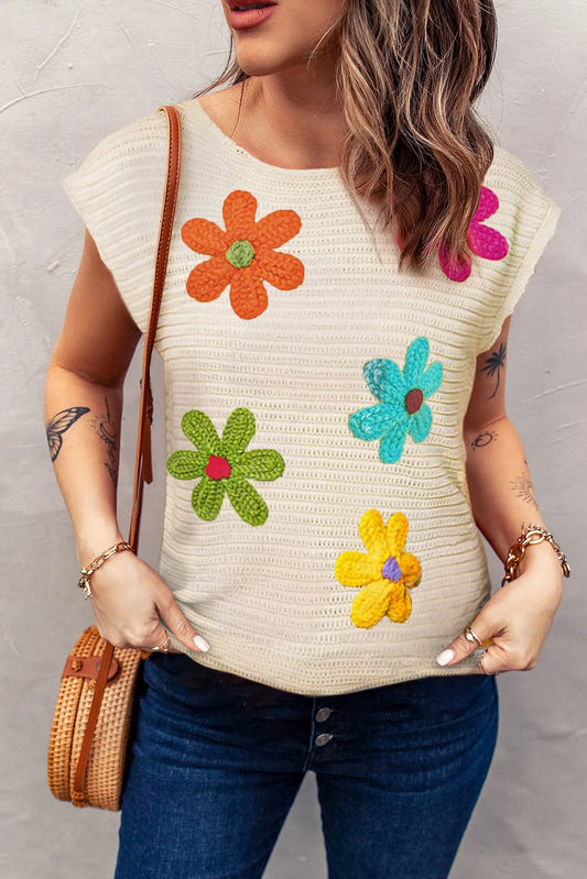 Flower Round Neck Cap Sleeve Knit Top - adritiX