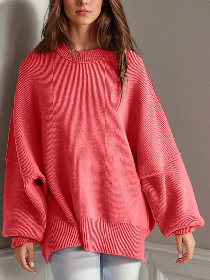 Double Take Side Slit Round Neck Long Sleeve Sweater - adritiX