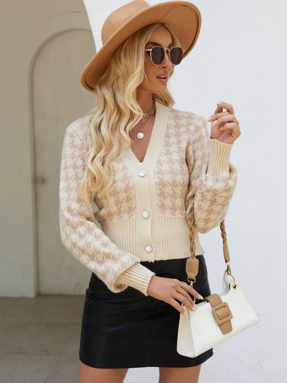 Houndstooth Button Up Long Sleeve Cardigan - adritiX