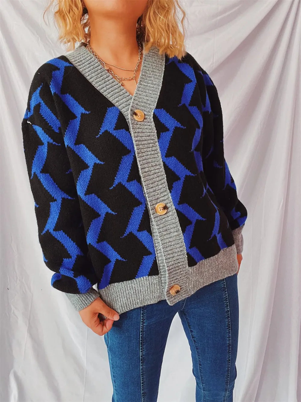 Contrast Trim Geometric V-Neck Long Sleeve Cardigan - adritiX
