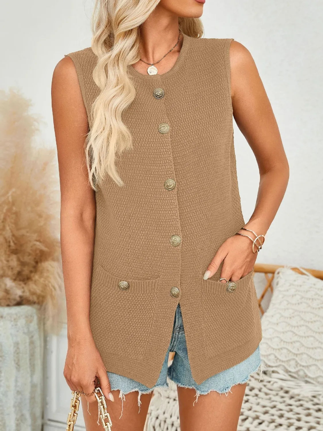 Button Down Round Neck Knit Vest - adritiX
